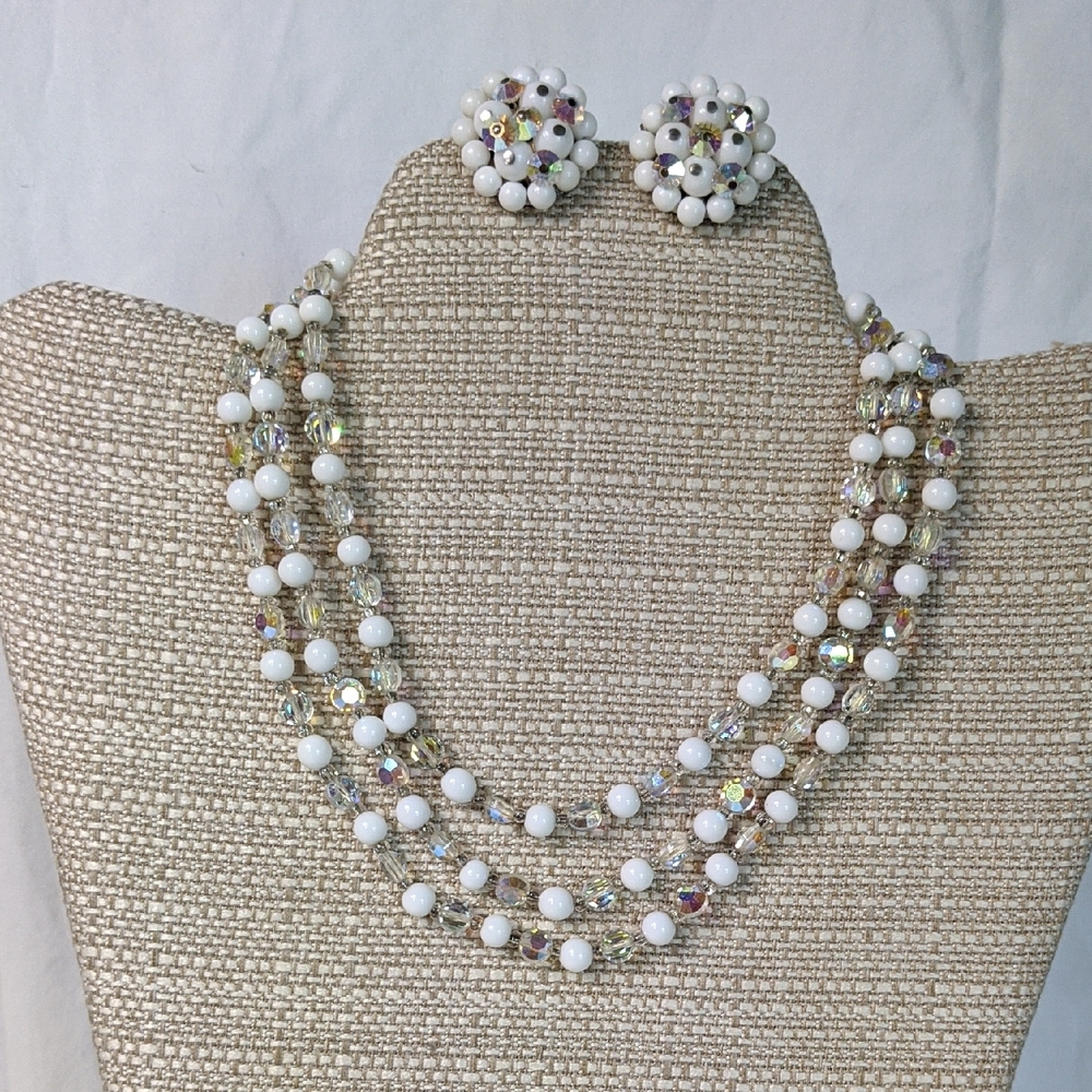 Vintage Three-strand Milk Glass & AB Beaded Necklace & Earring Set, Original Box